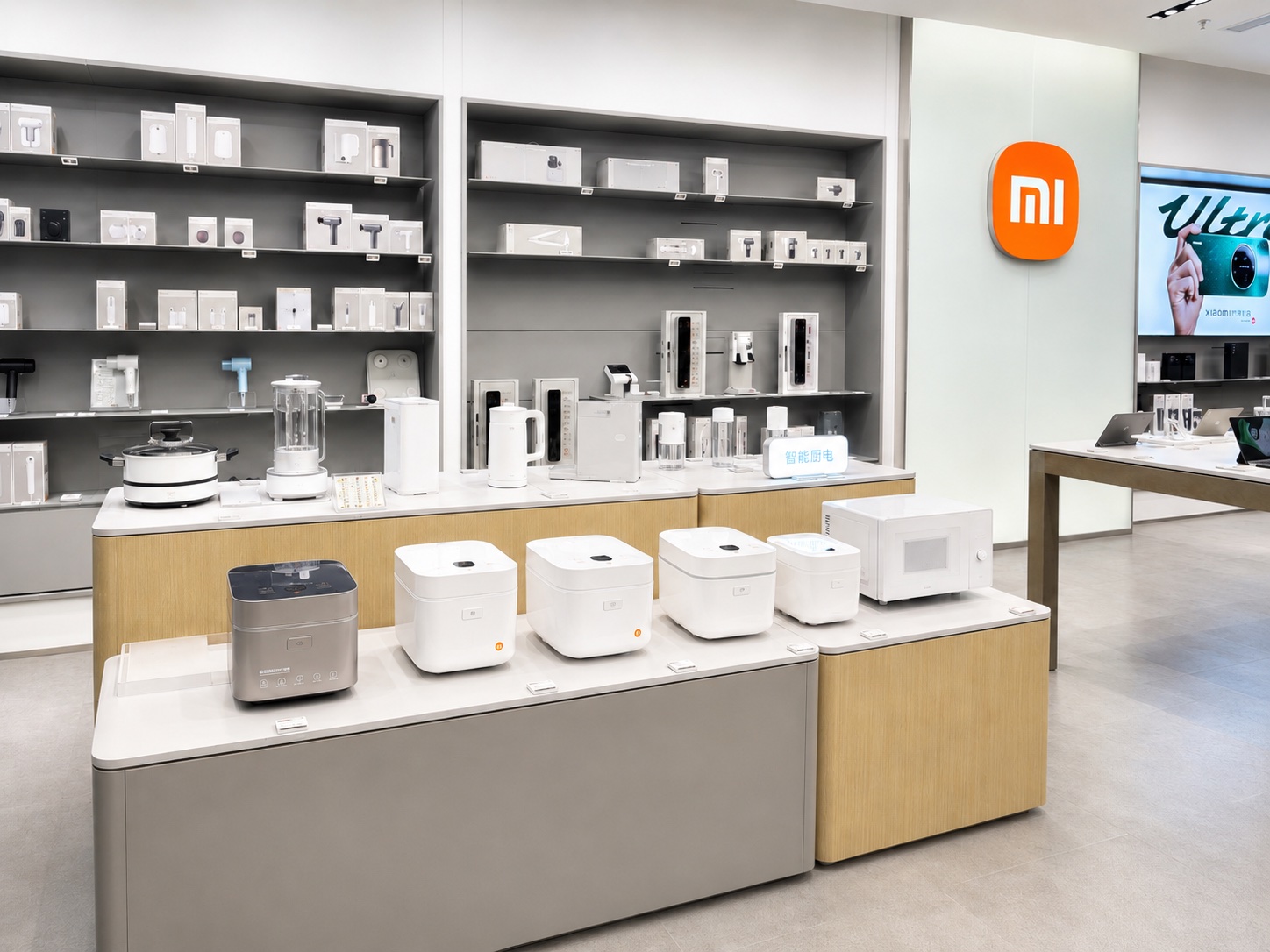 Xiaomi smart-living product area with shelves, display islands and connected-device categories