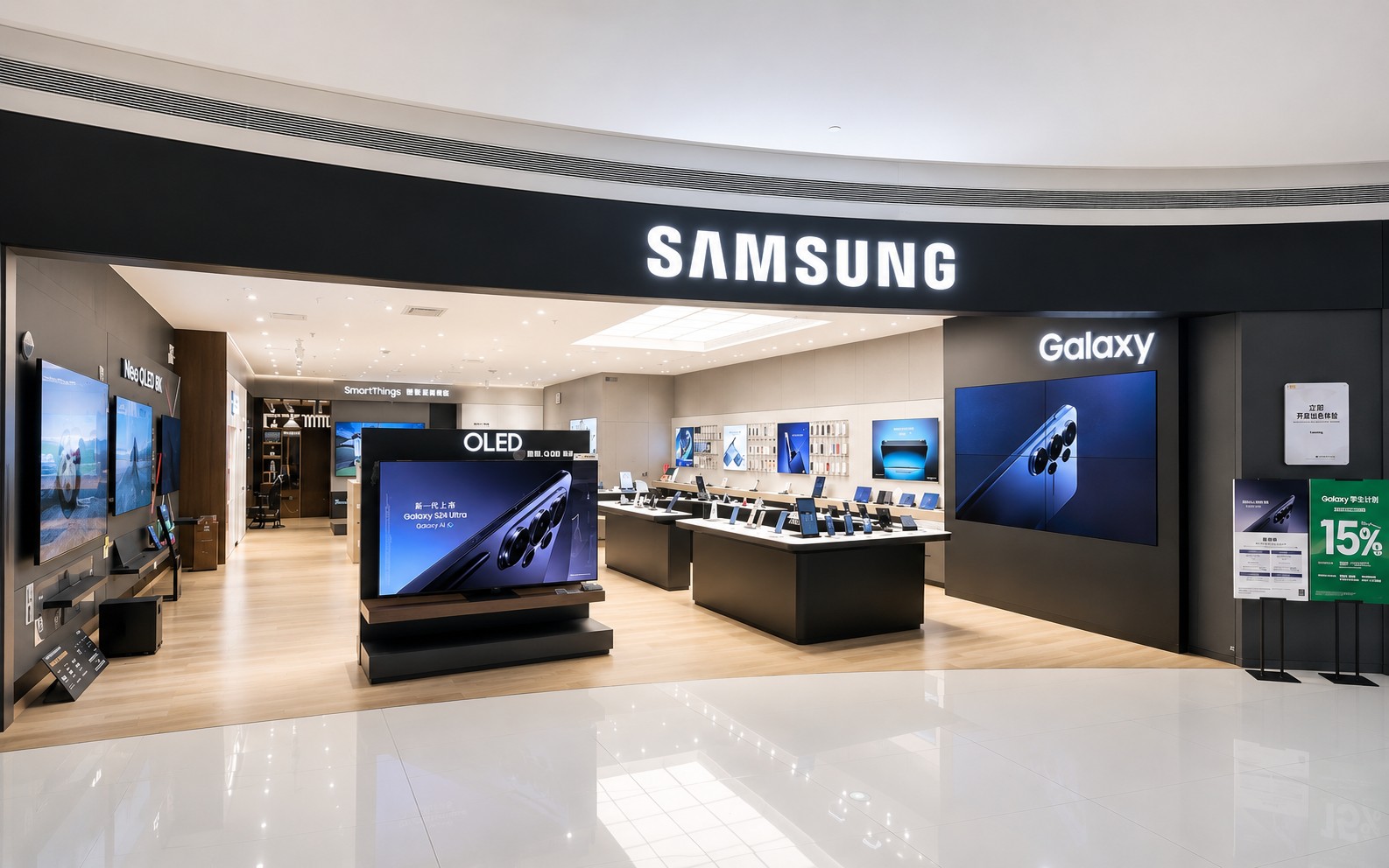 Samsung mobile experience store entrance in Guangzhou with illuminated Samsung and Galaxy signage