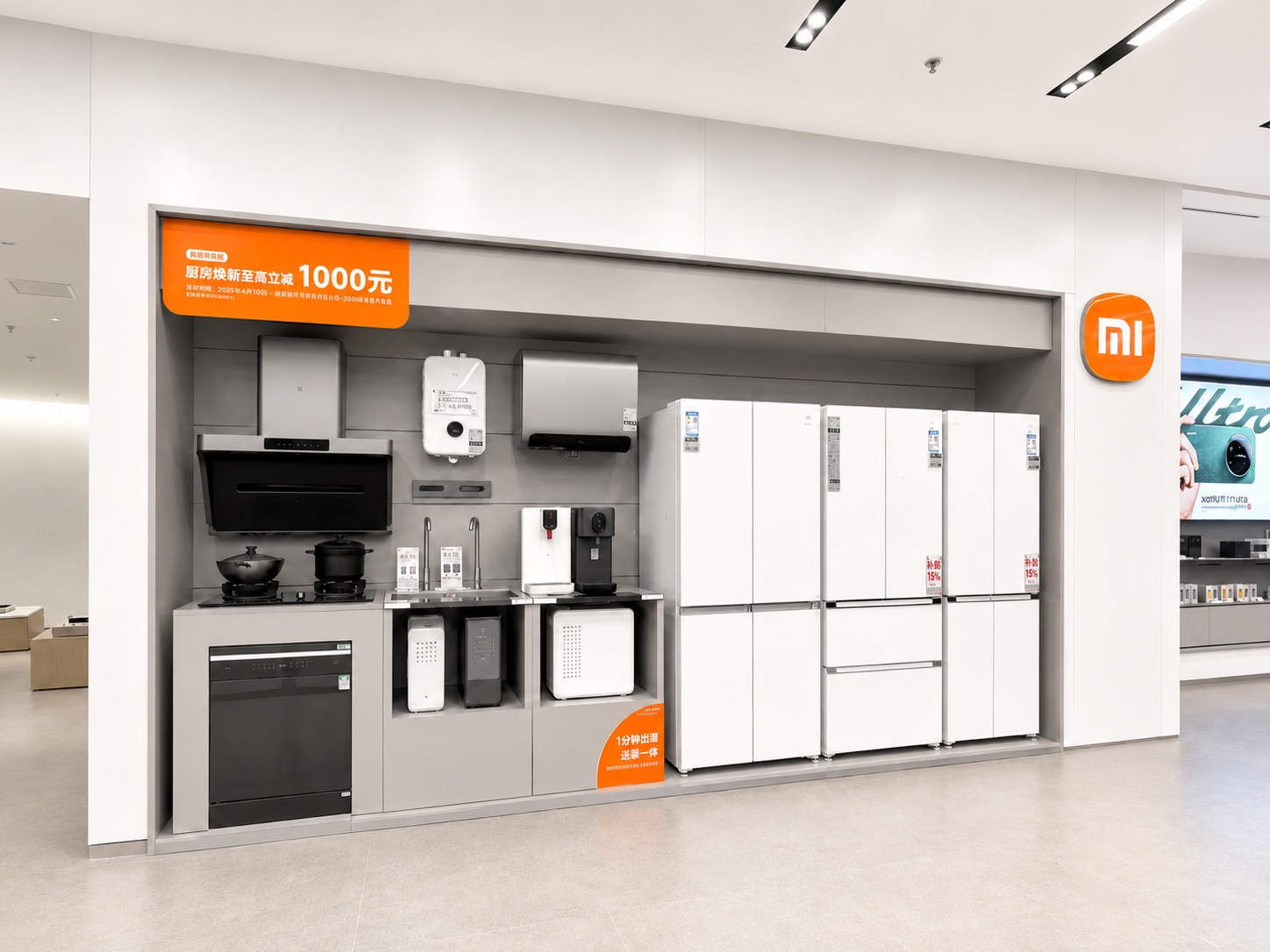 Xiaomi home-appliance display area with kitchen appliances, refrigerators and organized retail wall fixtures