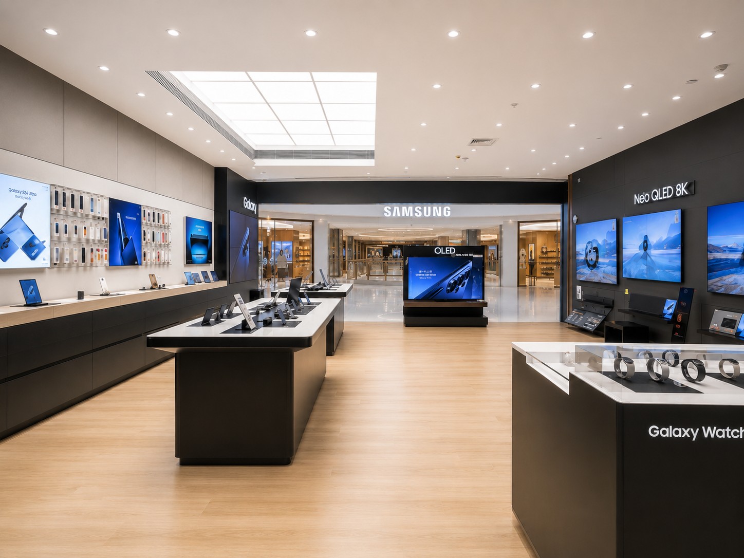 Samsung mobile experience store with product tables, brand walls and clear customer circulation