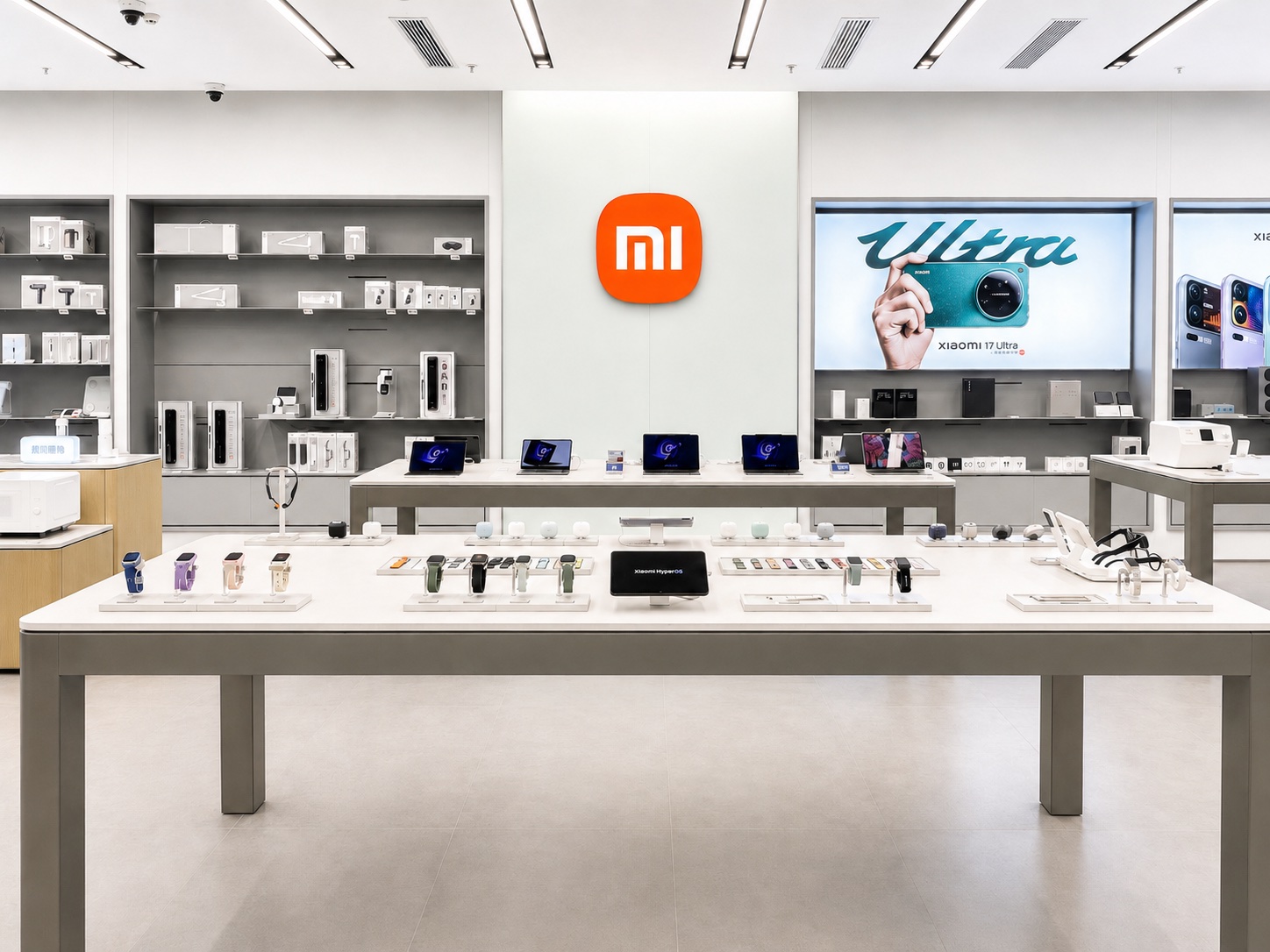 Xiaomi mobile and smart-living experience store with device tables, accessory wall, digital screens and illuminated signage
