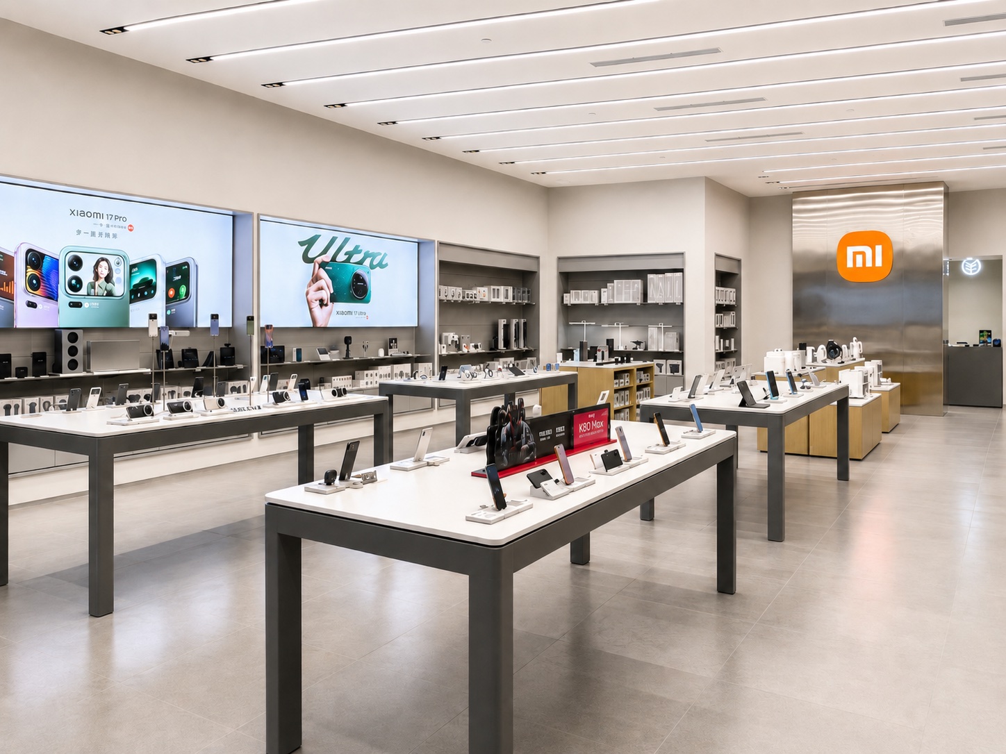 Wide view of a Xiaomi mobile and smart-living store with product tables, screens and branded retail fixtures