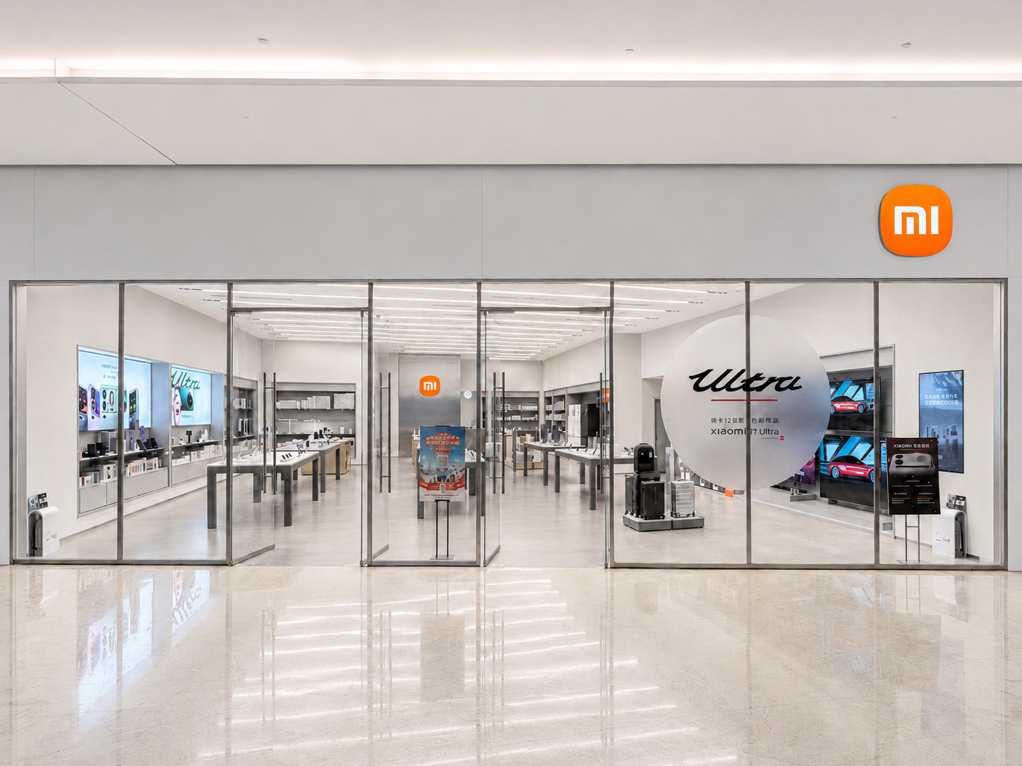 Xiaomi retail storefront with glass entrance, orange logo, mobile experience tables and digital display screens