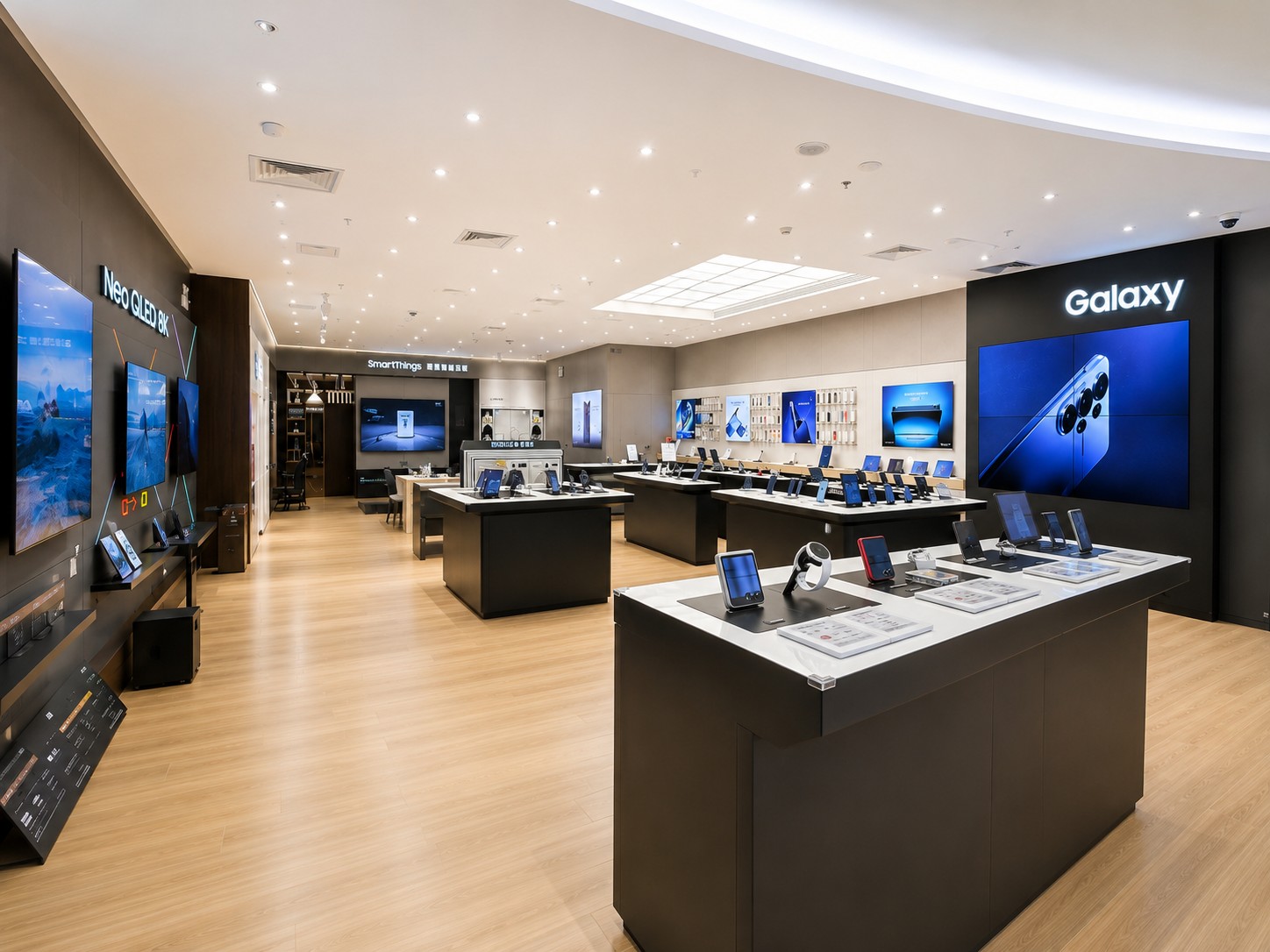 Samsung mobile store interior with central display tables and Galaxy brand wall