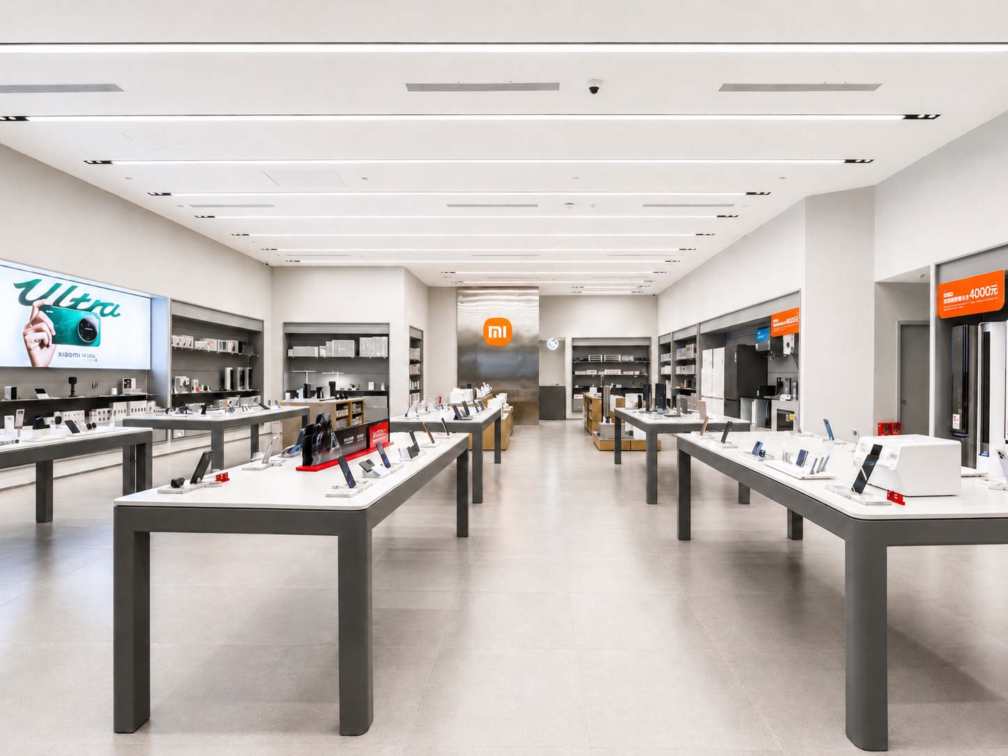 Xiaomi store interior with rows of mobile-device experience tables, central aisle and accessory displays