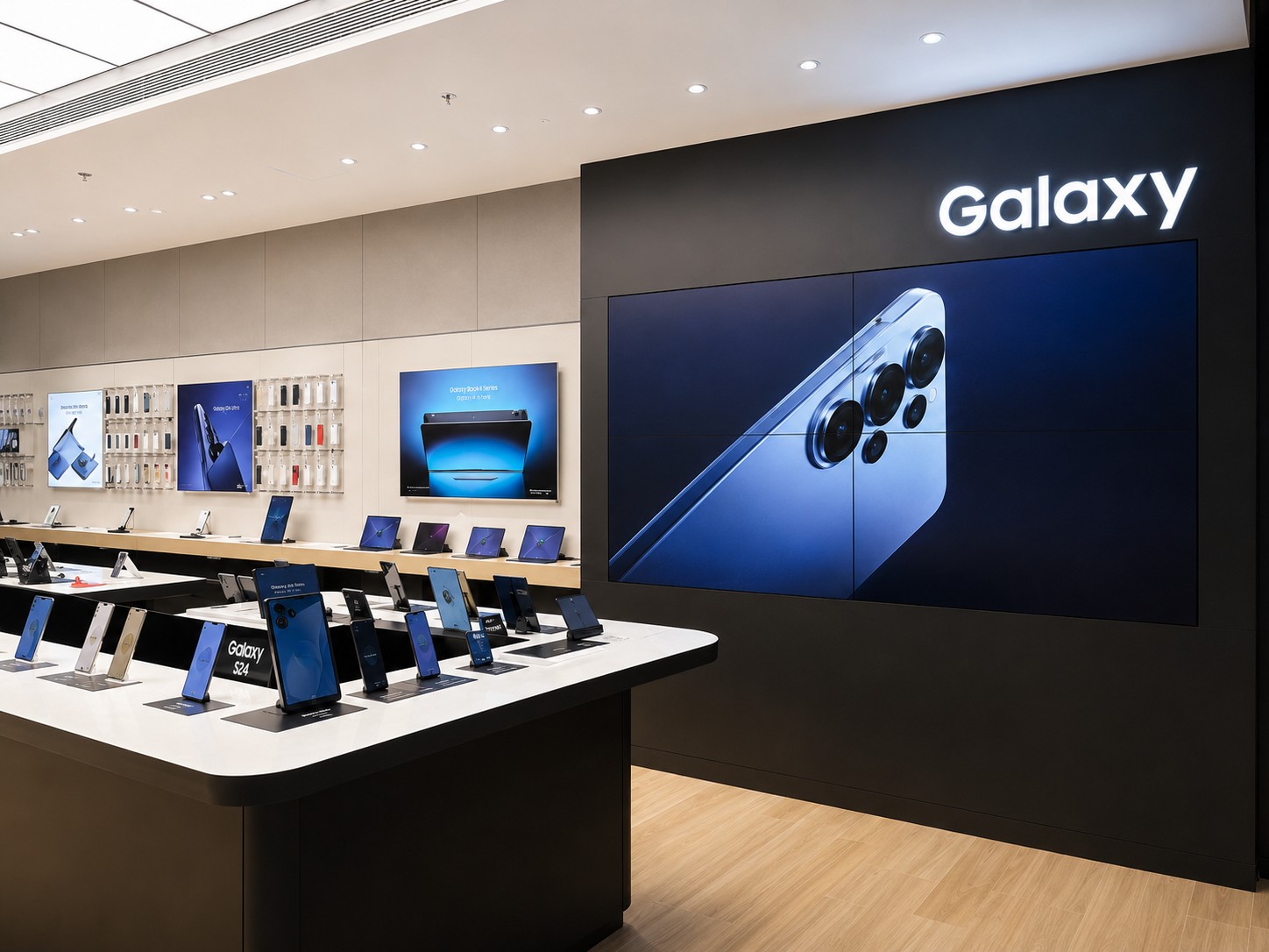 Samsung Galaxy digital wall and smartphone display zone inside the mobile experience store