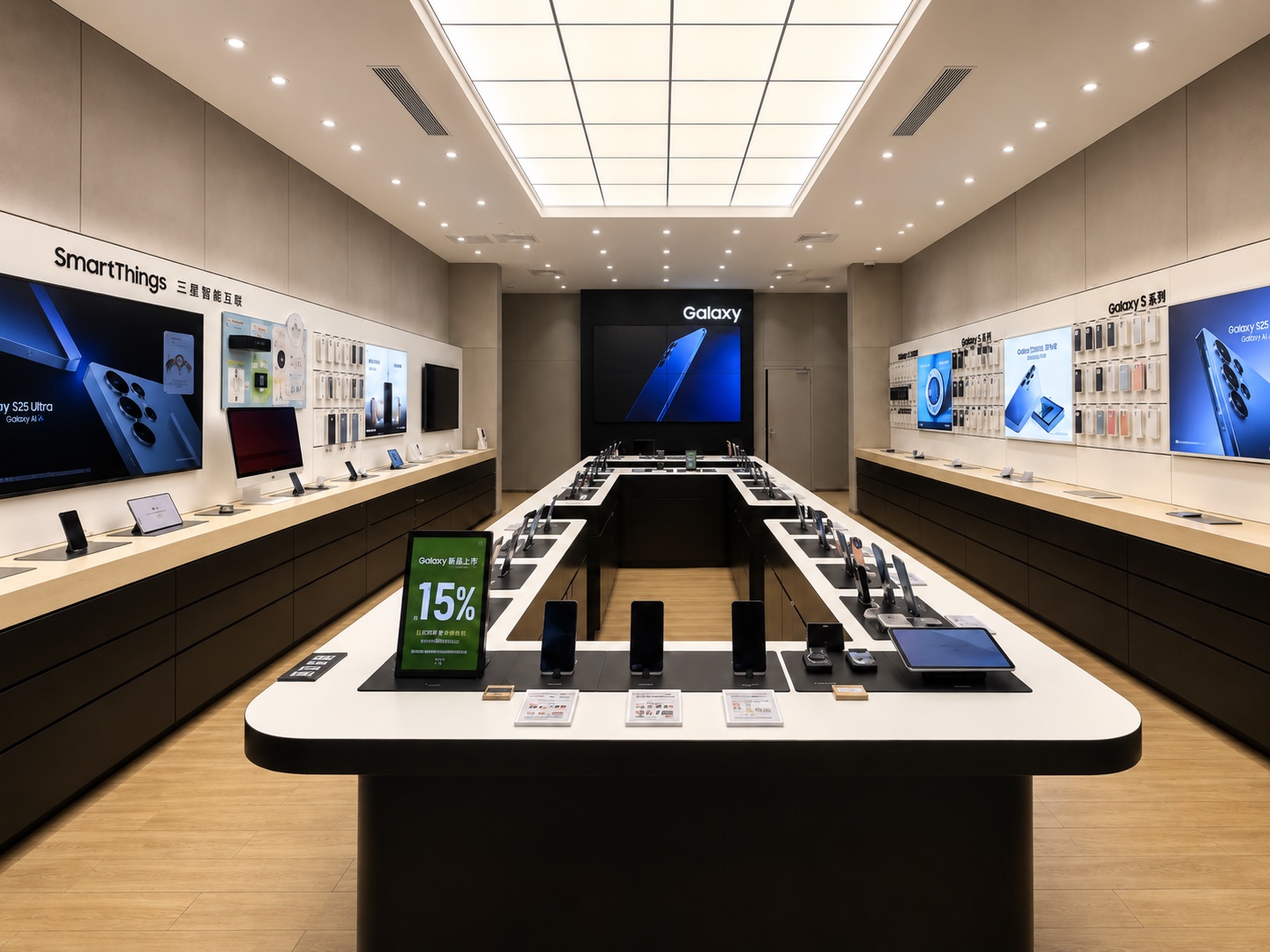 Samsung mobile experience table with device display and cable management