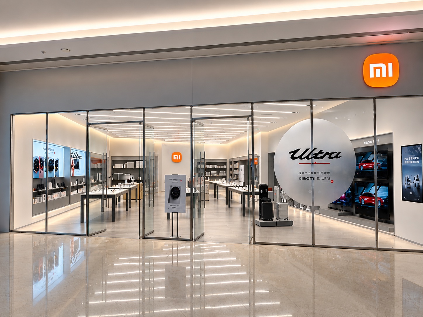 Xiaomi mobile store with branded display tables and product zones