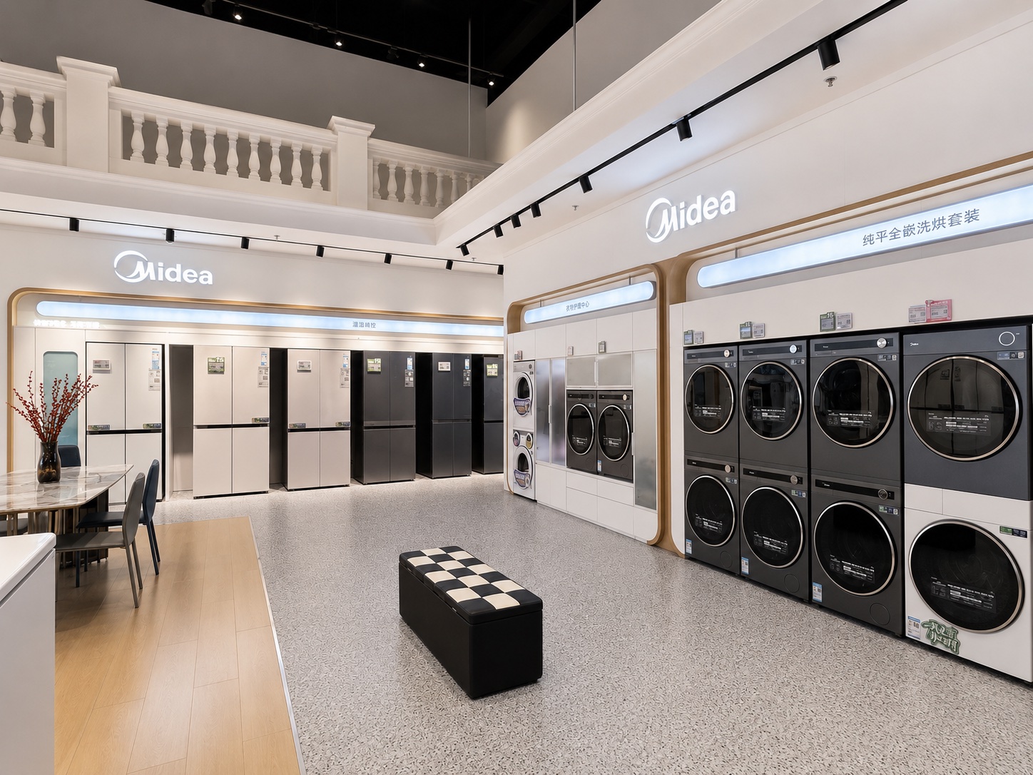 Midea store with refrigerator displays, washer and dryer wall, customer seating and open circulation