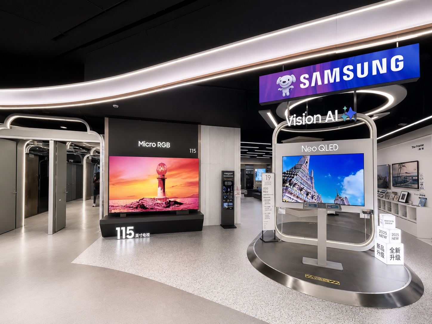 Samsung Vision AI experience store with Micro RGB and Neo QLED display zones under illuminated Samsung signage