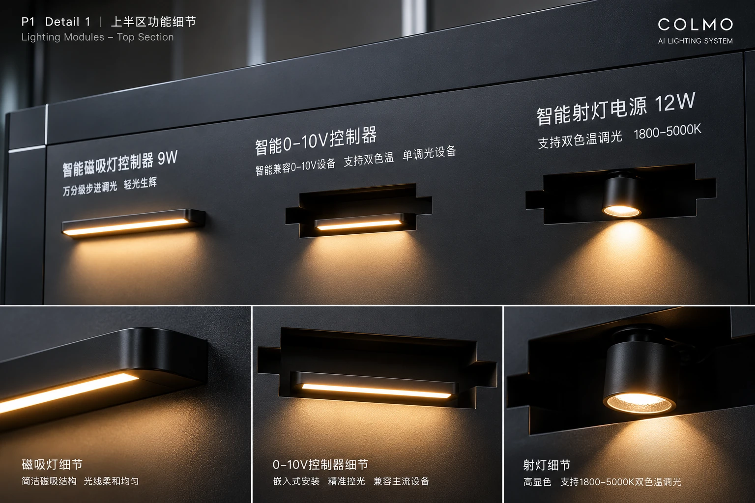 Composite detail of three illuminated fixtures on the upper panel