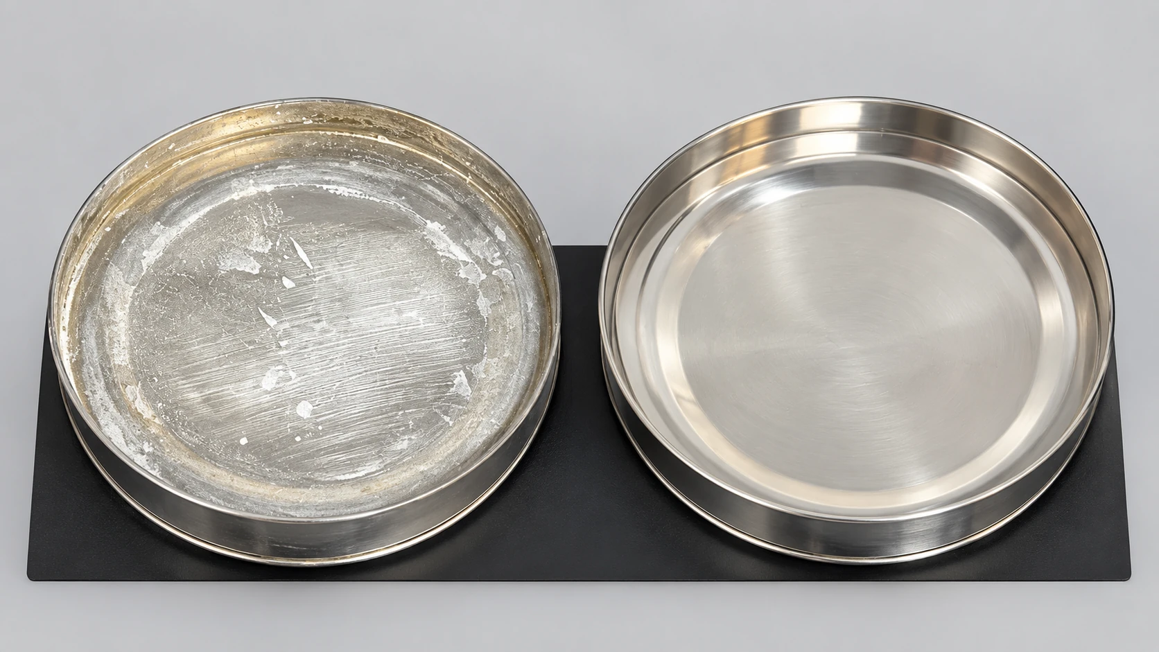 Two shallow metal dishes with contrasting surface appearances