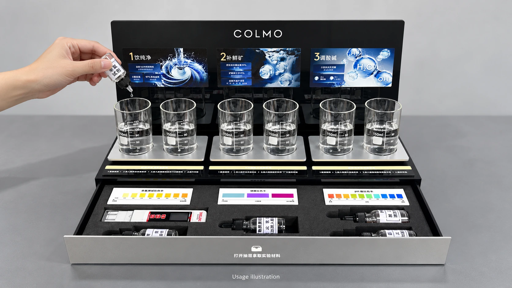 Usage illustration showing a hand holding a bottle over the COLMO sample vessels