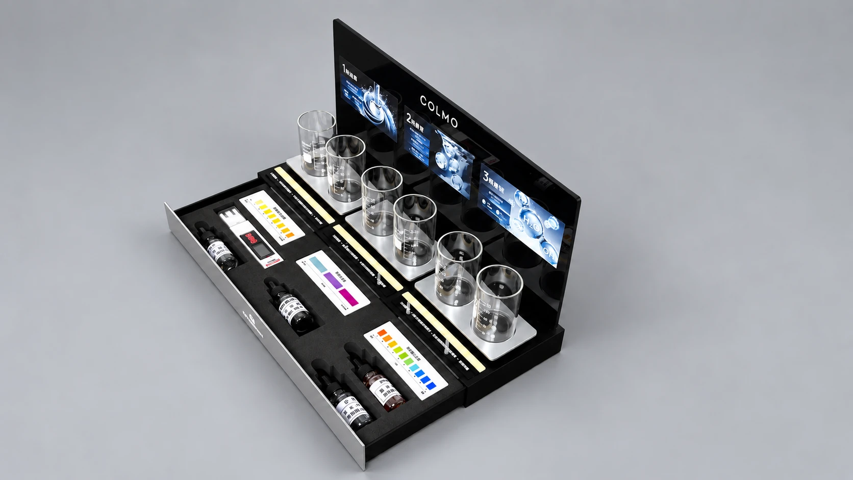 Angled view of sample vessels and recessed storage in the COLMO kit