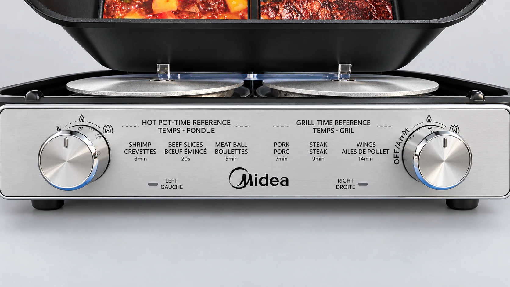 Midea control knobs and transparent supports beneath the raised pot