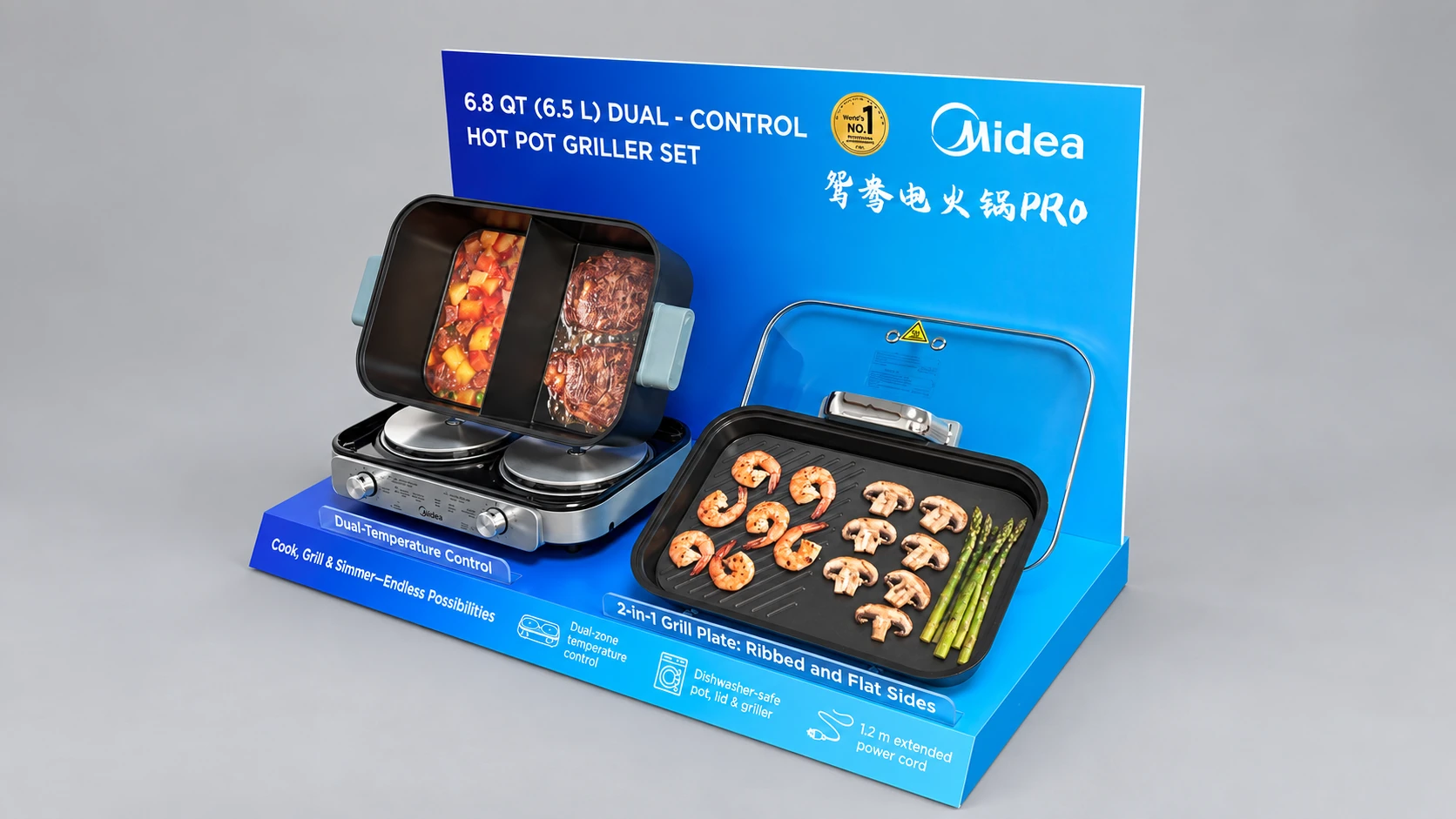 Angled Midea stand showing the cooking base beneath the raised pot