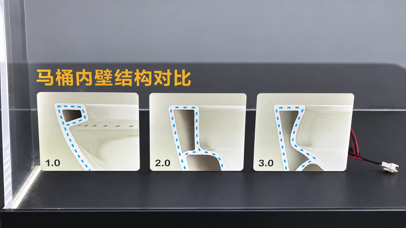 Three numbered toilet-pipe cross-section samples inside the case