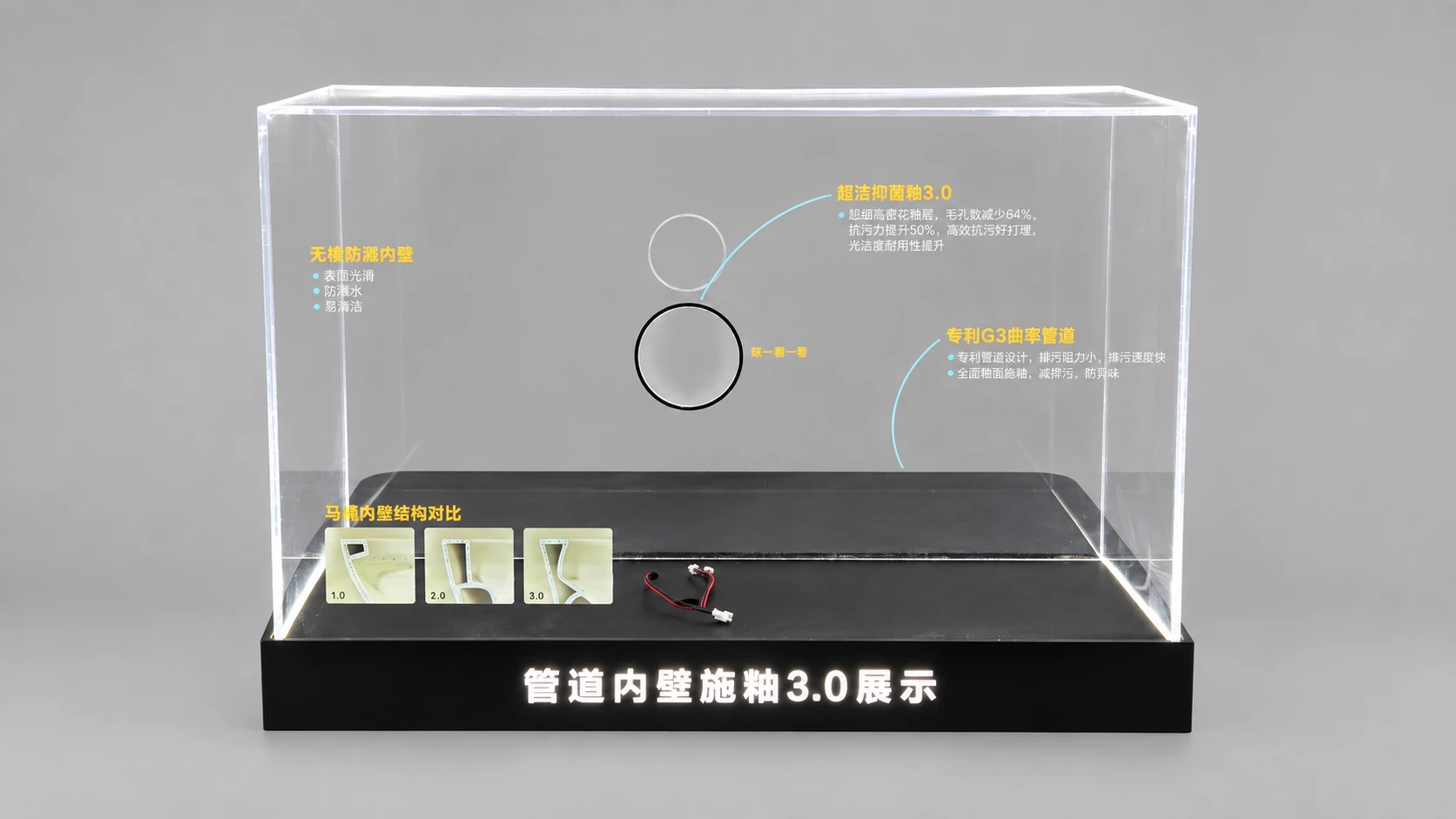 Transparent case with three toilet-pipe samples and printed surface diagrams