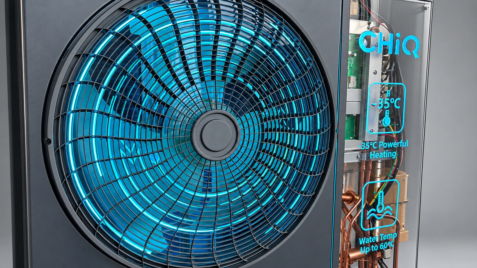 Close view of a CHiQ fan grille beside the clear graphic panel