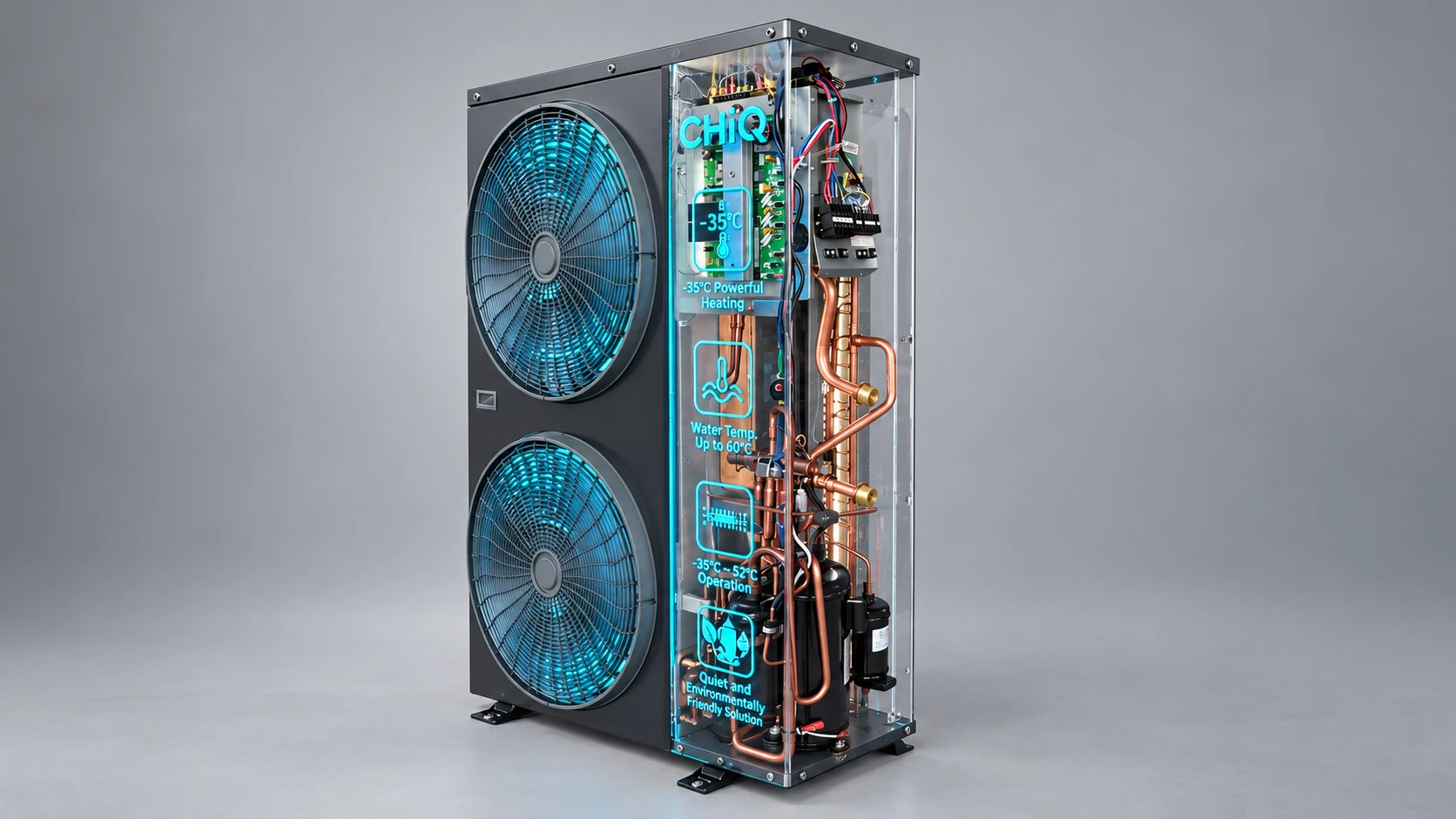 Angled CHiQ display showing two fan assemblies and exposed side components