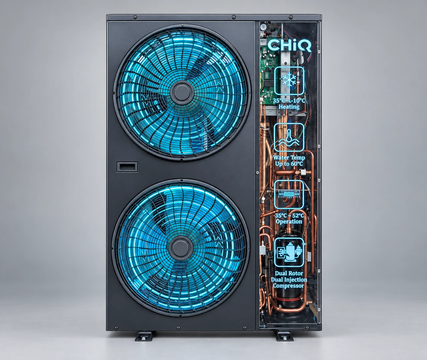 Front view of the CHiQ twin-fan display with blue illumination