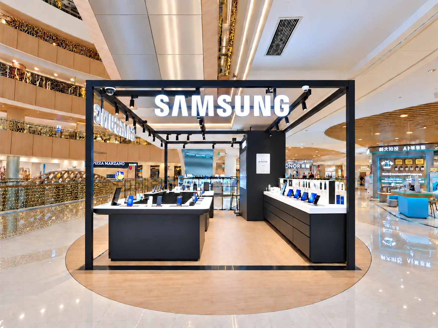 Entrance view of the Samsung shop-in-shop with open frame and two device counters