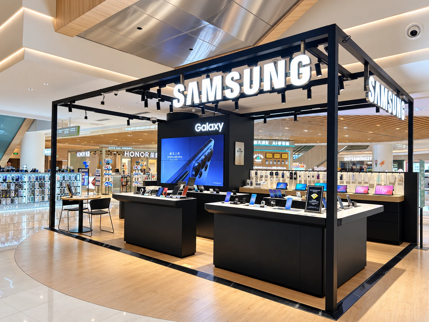 Angled Samsung shop-in-shop view showing device tables and overhead branding