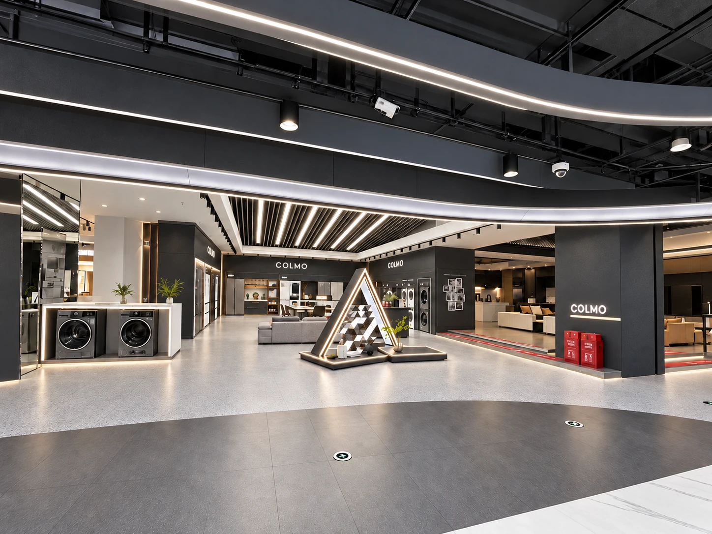 Wide COLMO retail area with triangular illuminated feature and appliance displays