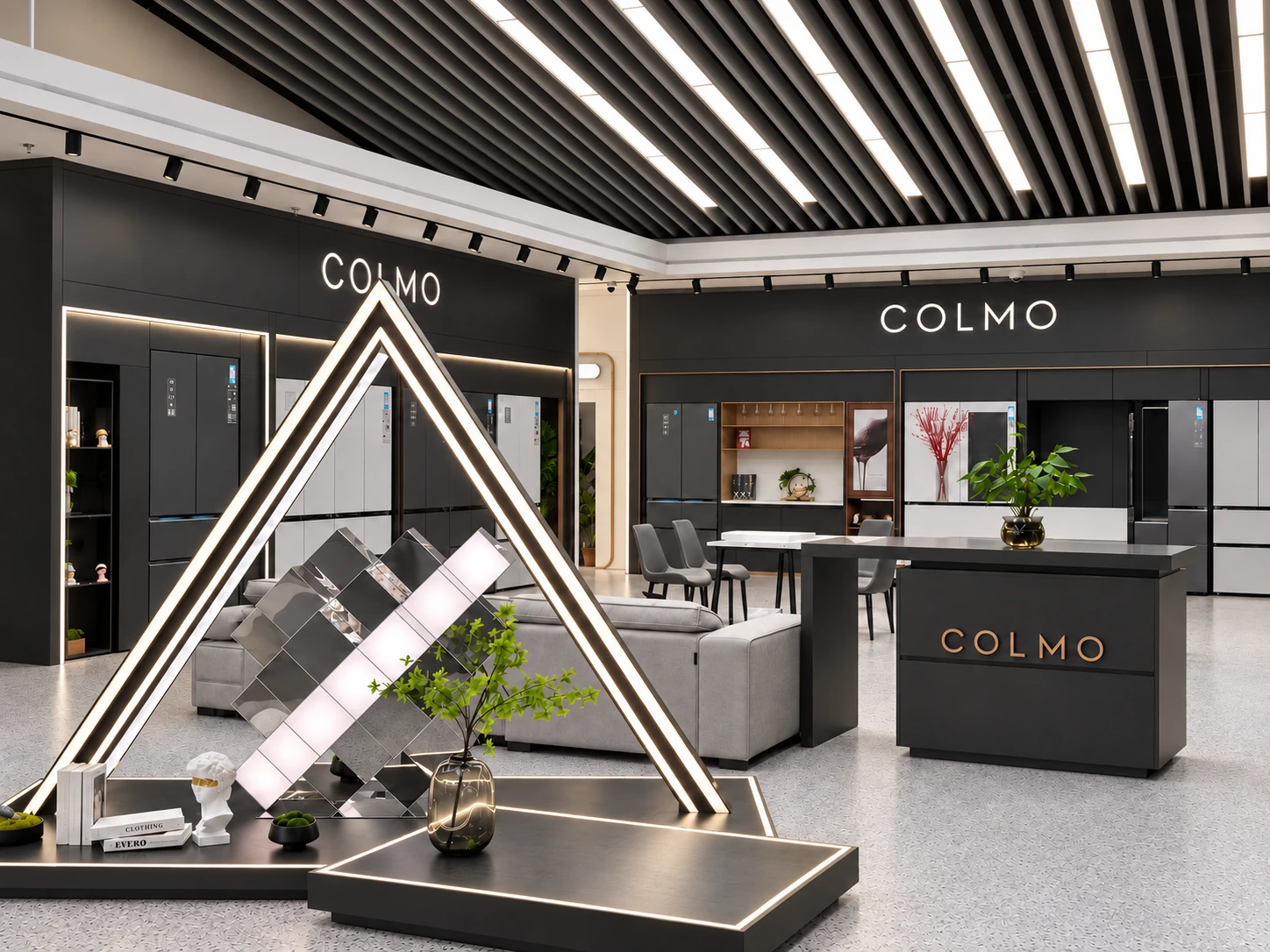 Triangular illuminated display in front of COLMO appliance fixtures
