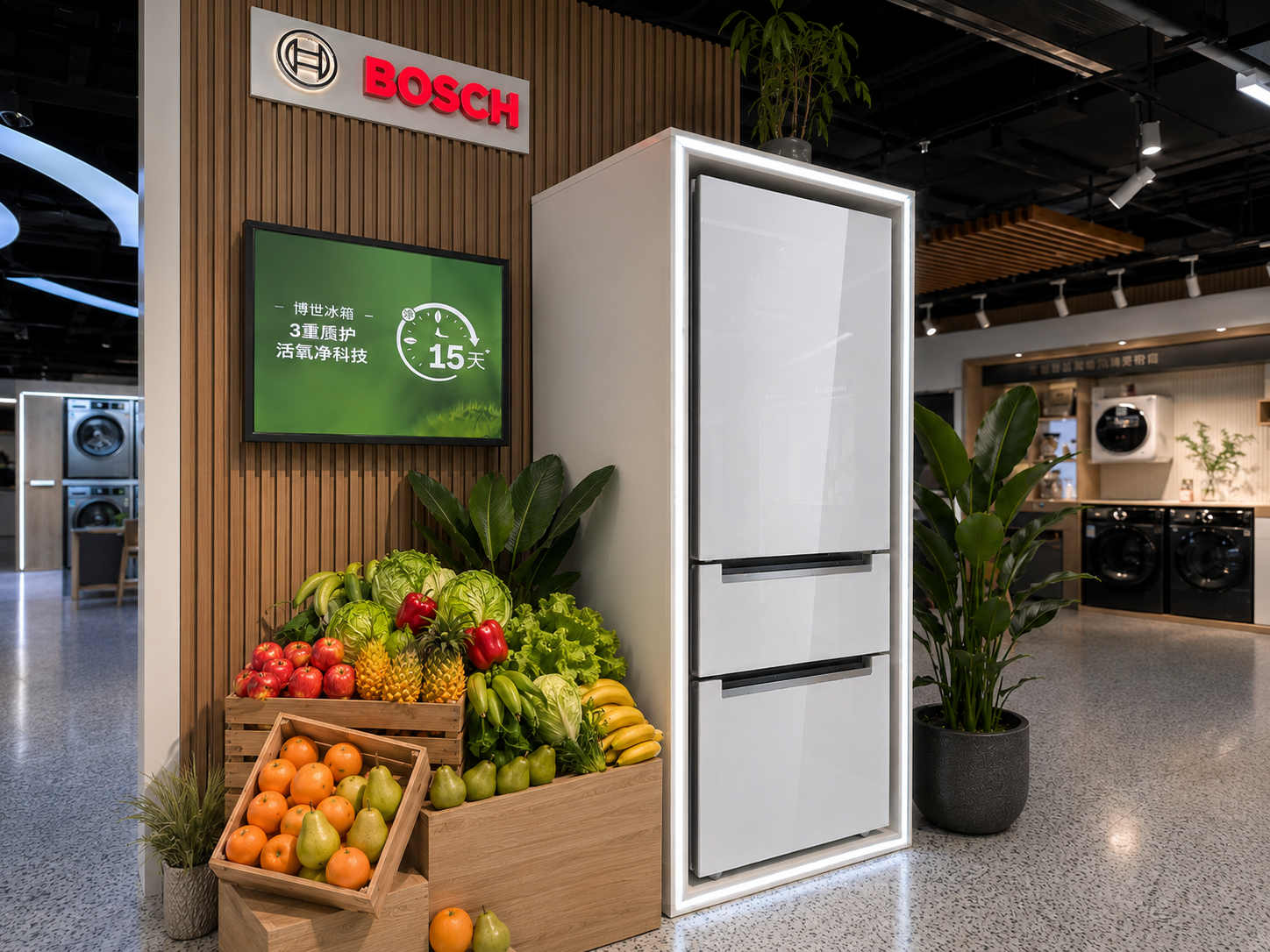 Three-quarter view of Bosch refrigerator demo display showing oak slat wall, green 15-day screen, glossy white glass-door refrigerator, luminous frame, real produce and retail showroom context