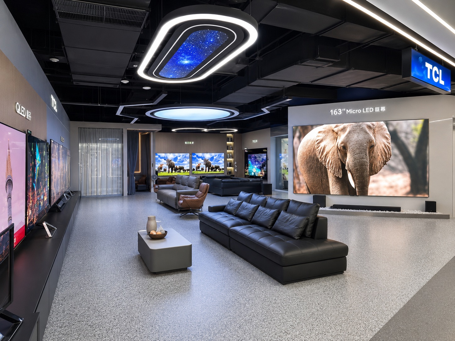 TCL living-room viewing zone with sofa seating and a 163-inch Micro LED display